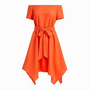 DKNY Orange Linen Off Shoulder Dress S Tie Waist Handkerchief Hem